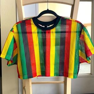 F21 Red/Yellow/Green/Black Striped Mesh Crop Top